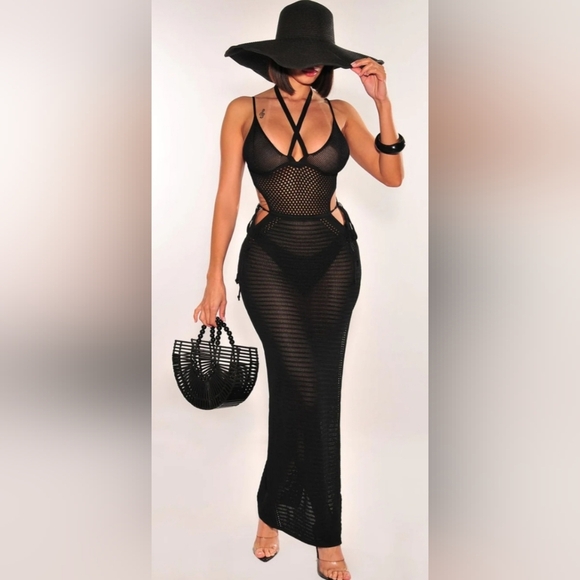 Black Crochet Halter Spaghetti Straps Cut Out Slit Swim Cover Up. Size M NWT - Picture 3 of 4